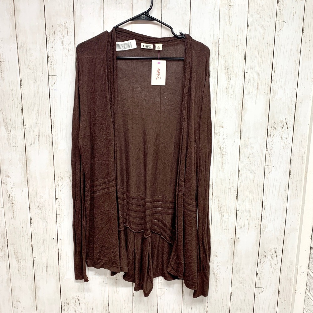 Cato Open Front Cardigan Womens Size XL Brown Sharkbite Hem Rayon Knit Sweater